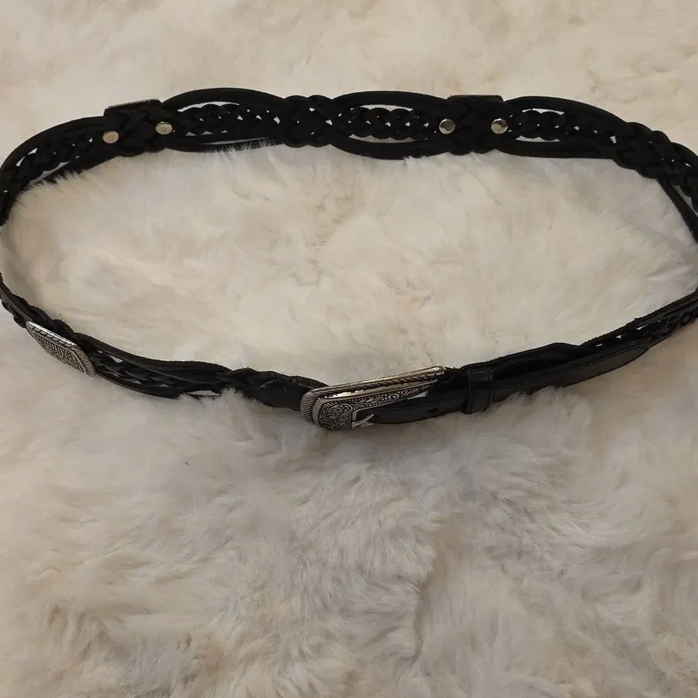 Vintage Black Braided Leather Western Cowgirl Conch Belt Womens ML
